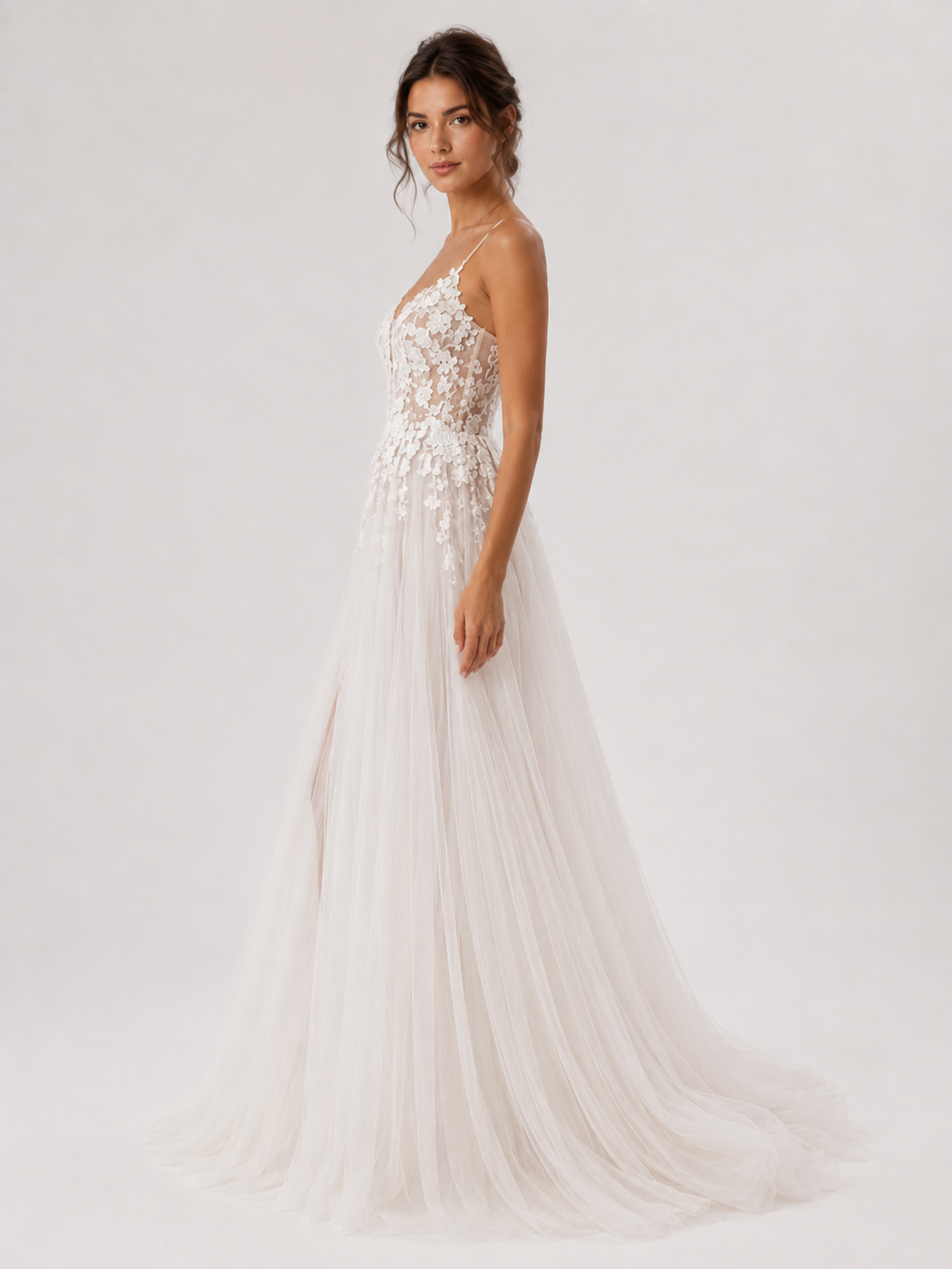 Elegant Floral Applique Tulle A-Line Wedding Dress with High Slit and Sweep Train