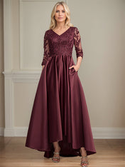 A-line V-Neck Asymmetrical Satin Lace Mother of the Bride Dress With Sequins