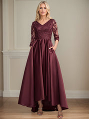 A-line V-Neck Asymmetrical Satin Lace Mother of the Bride Dress With Sequins