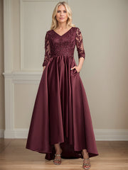 A-line V-Neck Asymmetrical Satin Lace Mother of the Bride Dress With Sequins