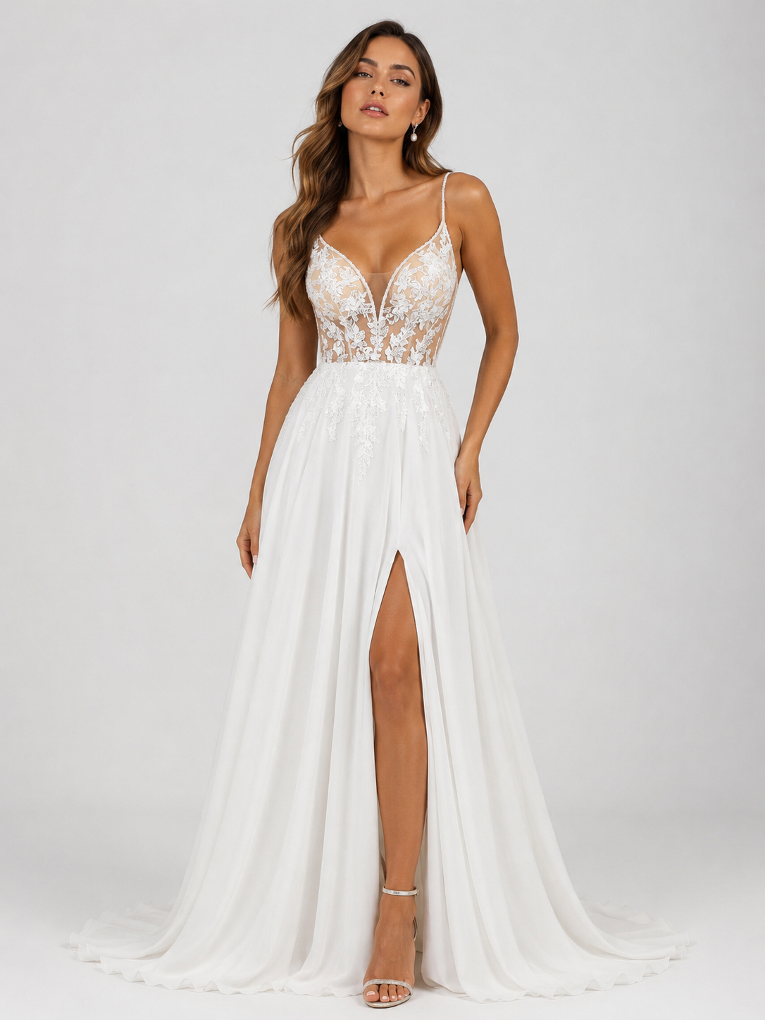 Elegant Illusion Plunging V-Neck Lace Bodice Chiffon A-Line Wedding Dress with High Slit and Chapel Train