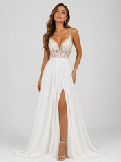Elegant Illusion Plunging V-Neck Lace Bodice Chiffon A-Line Wedding Dress with High Slit and Chapel Train