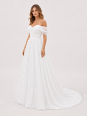 Elegant Off-the-Shoulder Ruched Tulle A-Line Wedding Dress with Chapel Train