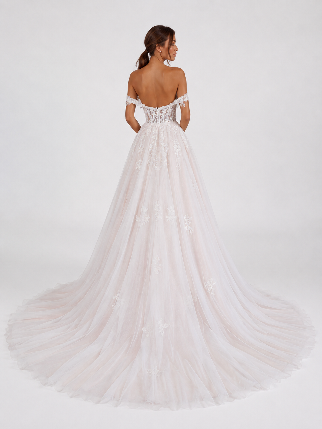 Elegant Off-the-Shoulder Lace Bodice Tulle A-Line Wedding Dress with Chapel Train