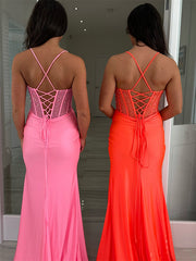 Pink Mermaid Spaghetti Straps Long Prom Dress with Beading