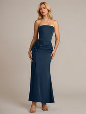 Navy Sheath/Column Satin Off The Shoulder Sleeveless Ankle Length Dresses