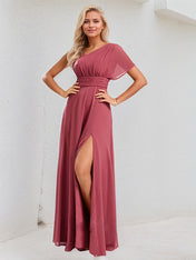 Cinnamon Rose Chiffon A Line One Shoulder Short Sleeves Floor Length Bridesmaid Dress