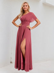Cinnamon Rose Chiffon A Line One Shoulder Short Sleeves Floor Length Bridesmaid Dress