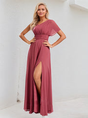 Cinnamon Rose Chiffon A Line One Shoulder Short Sleeves Floor Length Bridesmaid Dress