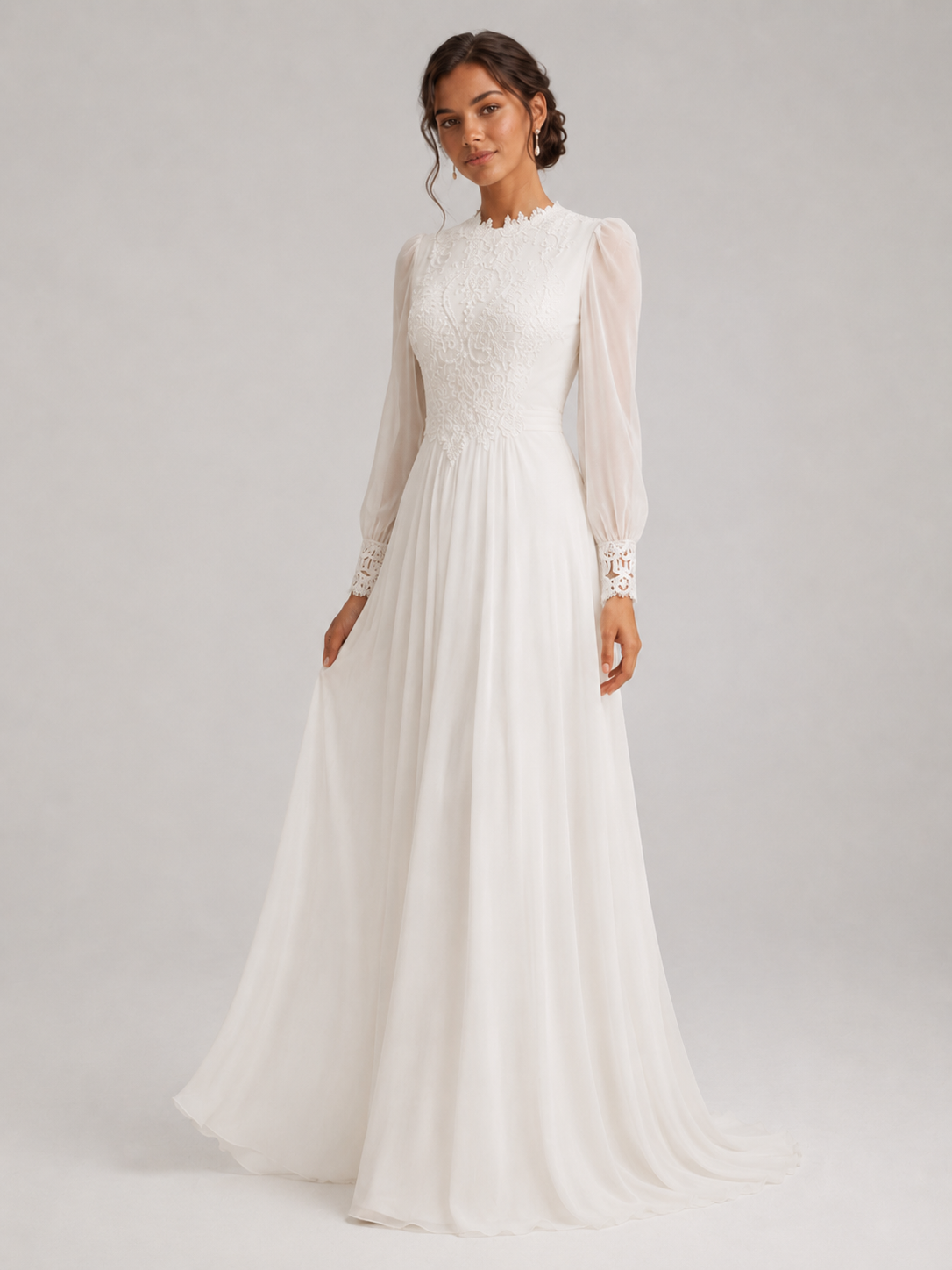 Elegant High-Neck Lace Long-Sleeve A-Line Wedding Dress with Sweep Train