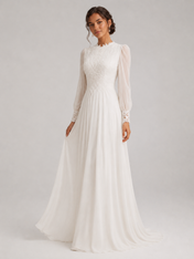 Elegant High-Neck Lace Long-Sleeve A-Line Wedding Dress with Sweep Train