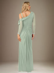 Sage Sheath/Column Chiffon One Shoulder Long Sleeves Floor Length Dress With Slit