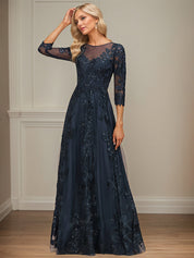 A-line Scoop Illusion Floor-Length Tulle Lace Mother of the Bride Dress With Sequins