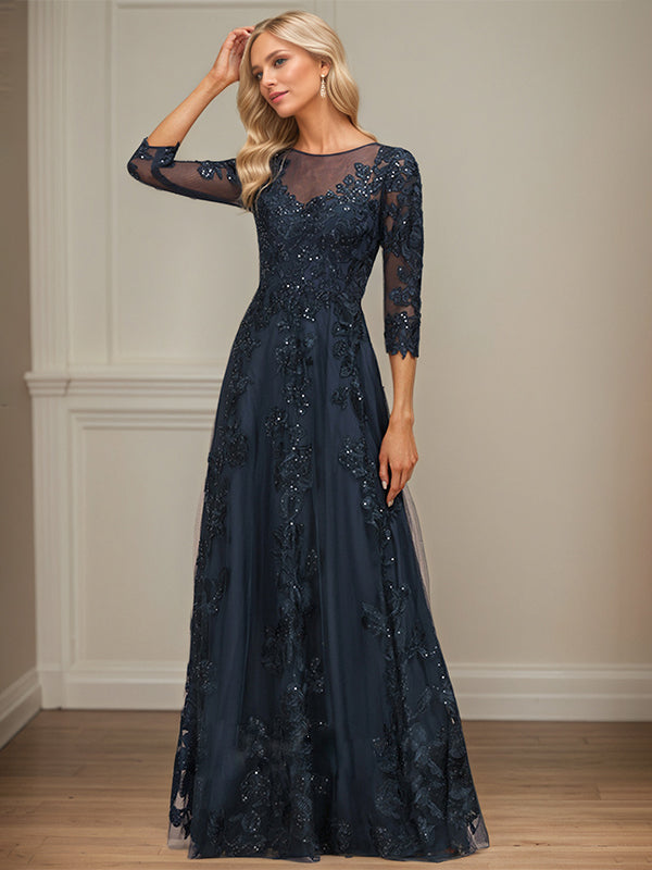 A-line Scoop Illusion Floor-Length Tulle Lace Mother of the Bride Dress With Sequins