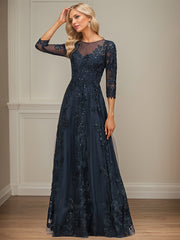 A-line Scoop Illusion Floor-Length Tulle Lace Mother of the Bride Dress With Sequins