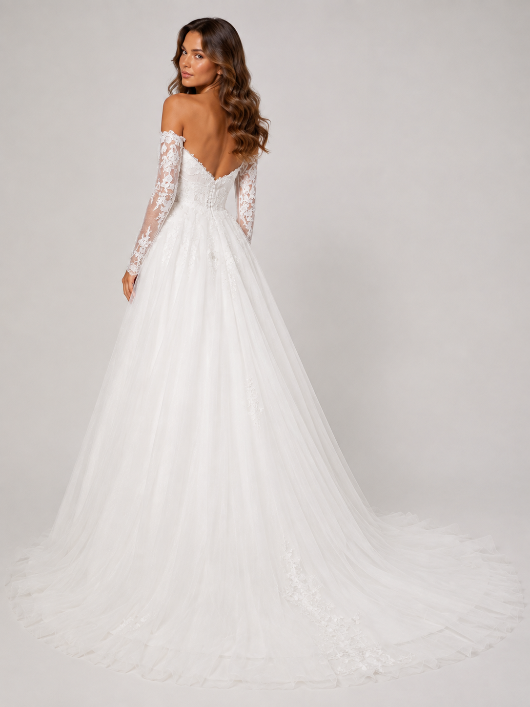 Elegant Off-the-Shoulder Long Sleeve Lace Applique A-Line Wedding Dress with Chapel Train