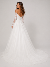 Elegant Off-the-Shoulder Long Sleeve Lace Applique A-Line Wedding Dress with Chapel Train