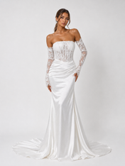 Elegant Off-the-Shoulder Lace Corset Satin Mermaid Wedding Dress with Detachable Sleeves and Chapel Train