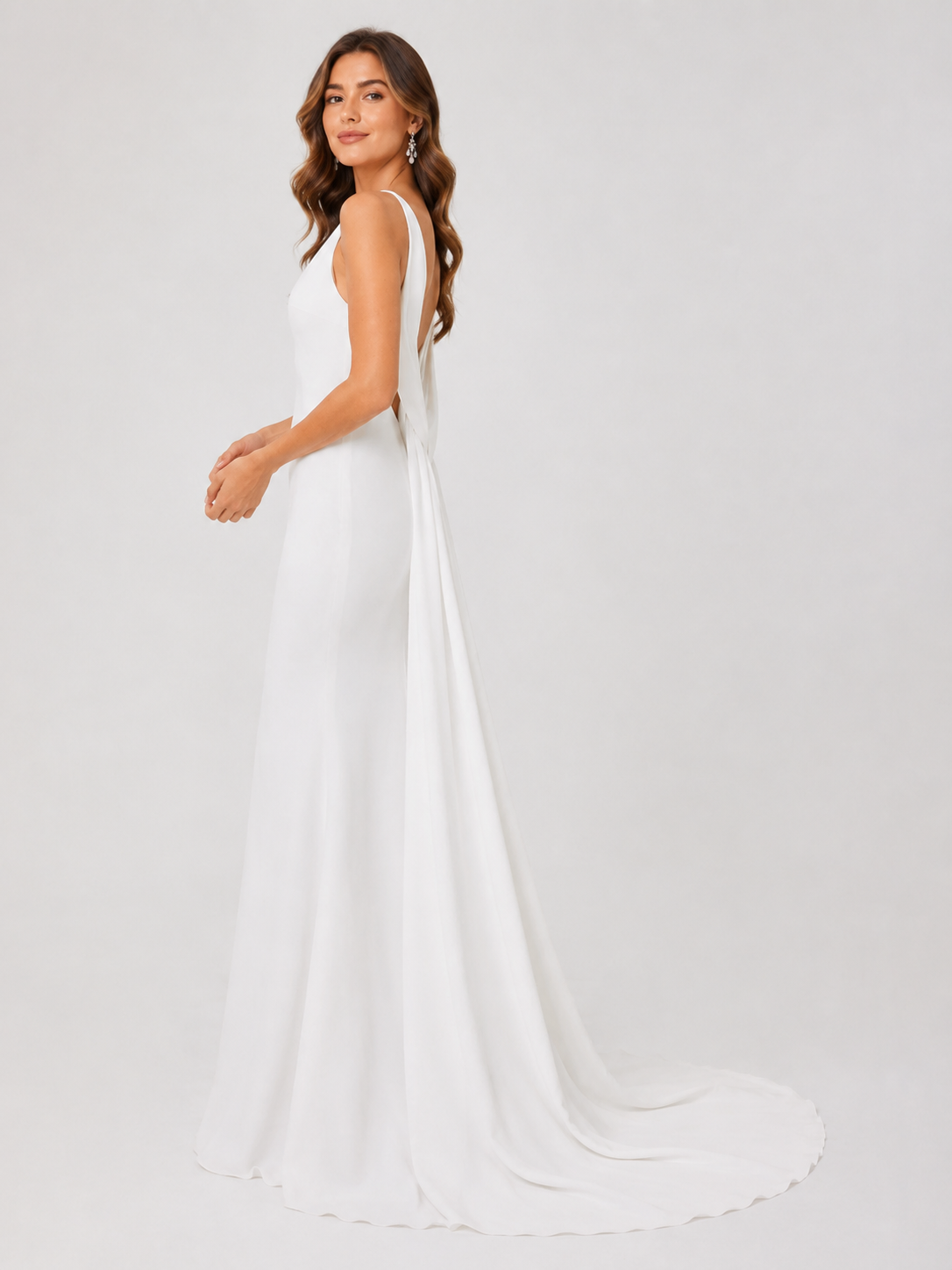Elegant V-Neck Satin Sheath Wedding Dress with Dramatic Draped Back Chapel Train