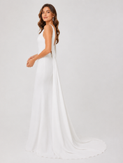 Elegant V-Neck Satin Sheath Wedding Dress with Dramatic Draped Back Chapel Train