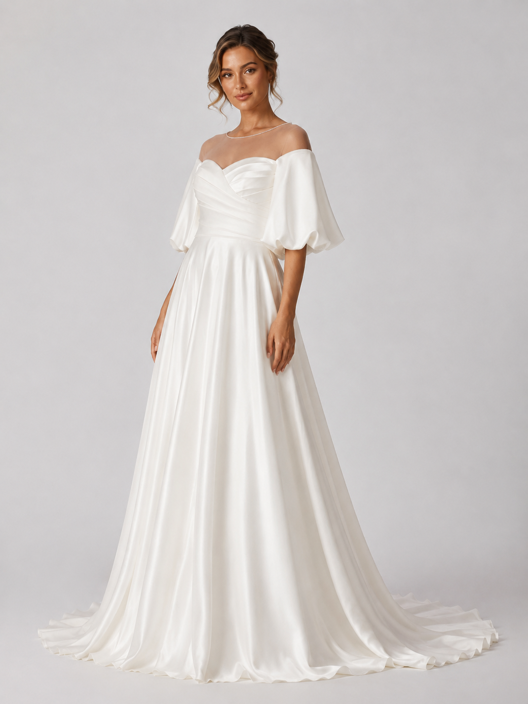 Elegant Off-the-Shoulder Ruched Satin A-Line Wedding Dress with Puff Sleeves and Sweep Train