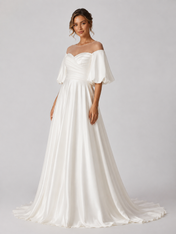 Elegant Off-the-Shoulder Ruched Satin A-Line Wedding Dress with Puff Sleeves and Sweep Train