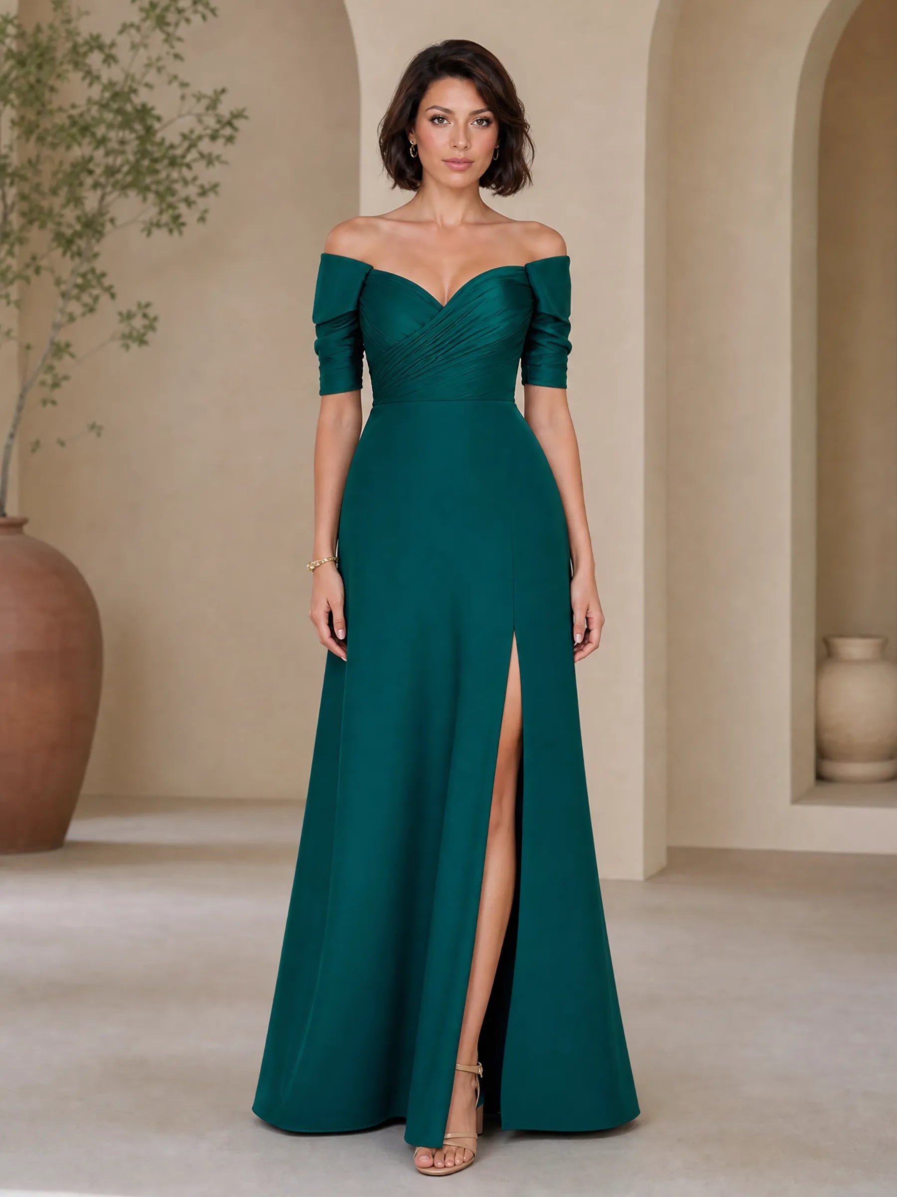 Off-the-Shoulder Sweetheart Column Gown with Thigh-High Slit Bridesmaid Dress
