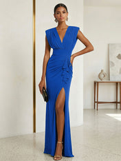 Commanding Formal Evening Dress Emerald Green Plunging V-Neck Slit Gown