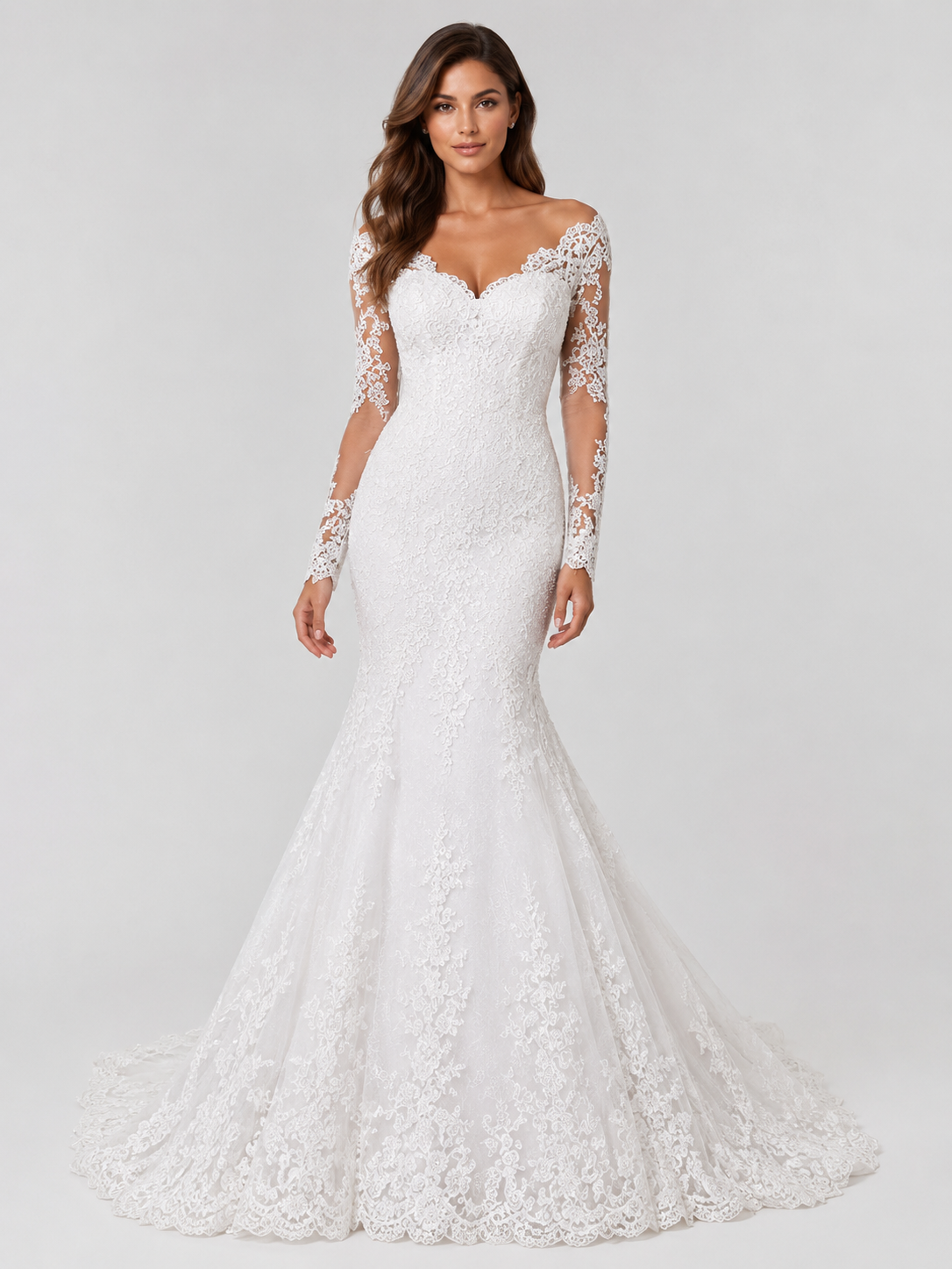 Elegant Off-the-Shoulder V-Neck Long-Sleeve Lace Mermaid Wedding Dress with Sweep Train