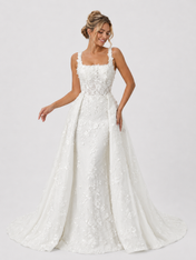 Elegant Square Neckline 3D Floral Applique Mermaid Wedding Dress with Detachable Overskirt and Chapel Train