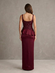 Burgundy Sequin Square Neck Peplum Evening Dress