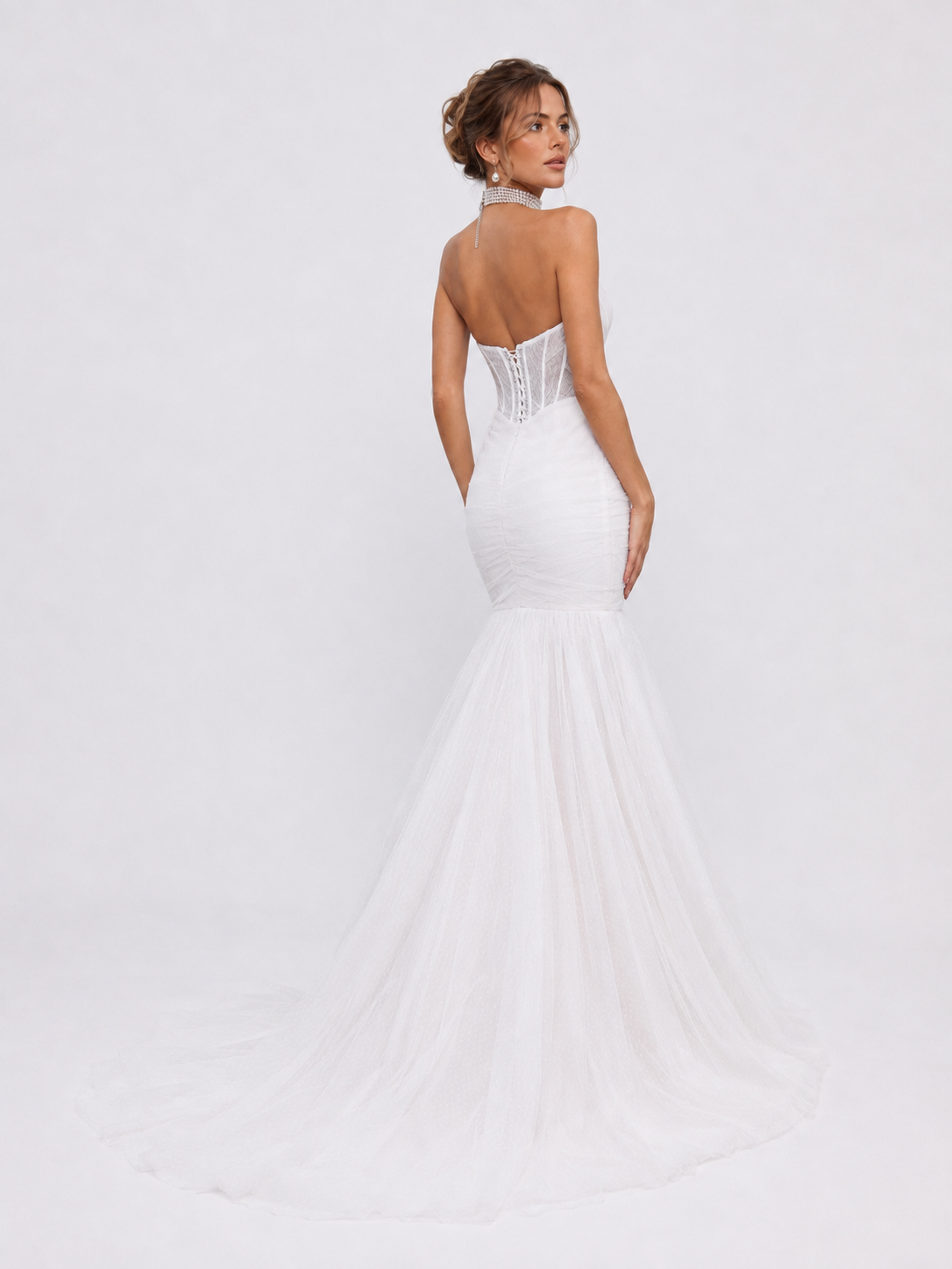 Elegant Strapless Ruched Tulle Mermaid Wedding Dress with Corset Bodice and Chapel Train