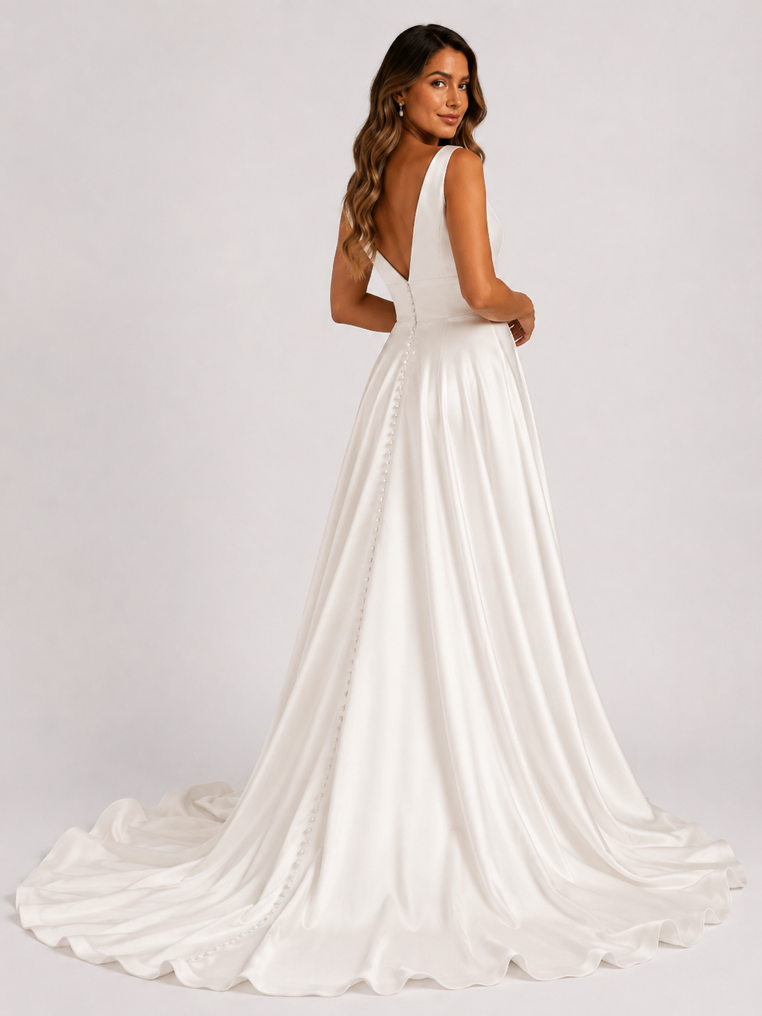 Elegant Plunging V-Neck Satin A-Line Wedding Dress with Chapel Train