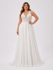 Elegant V-Neck Lace Applique Chiffon A-Line Wedding Dress with Keyhole Back