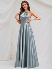 Dusty Blue Satin A Line Halter Neck Sleeveless Floor Length Bridesmaid Dress