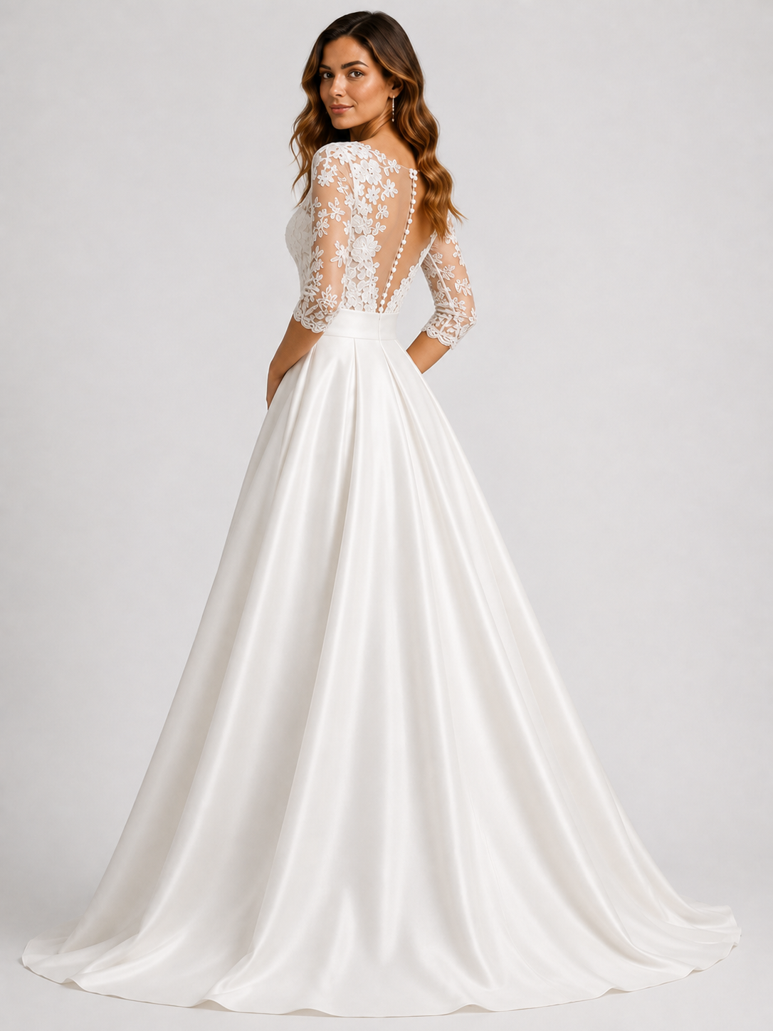 Elegant Lace Applique V-Neck Satin A-Line Wedding Dress with Sweep Train