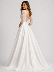 Elegant Lace Applique V-Neck Satin A-Line Wedding Dress with Sweep Train