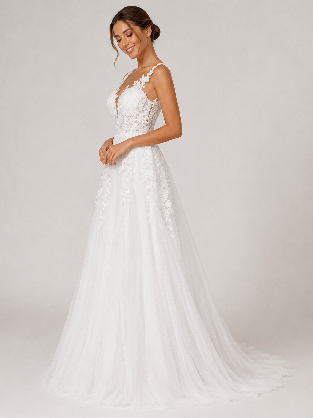Elegant V-Neck Lace Applique Tulle A-Line Wedding Dress with Chapel Train