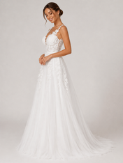 Elegant V-Neck Lace Applique Tulle A-Line Wedding Dress with Chapel Train