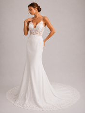 Elegant Spaghetti Strap Illusion Lace Bodice Satin Sheath Wedding Dress with Sweep Train