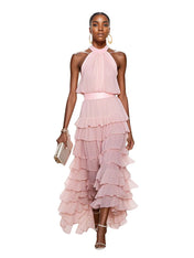 A Line Pink Chiffon Halter Neck Sleeveless Ankle Length Dress With Cascading Ruffles