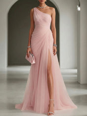 Pink Ruched Slit Tulle Strapless One Shoulder Sheath Gown Dress