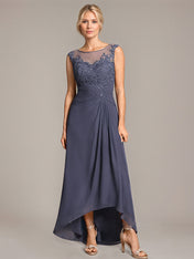 A-line Scoop Illusion Asymmetrical Chiffon Lace Mother of the Bride Dress With Pleated Beading
