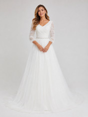 Elegant  3/4-Sleeve Ruched Tulle A-Line Wedding Dress with Chapel Train