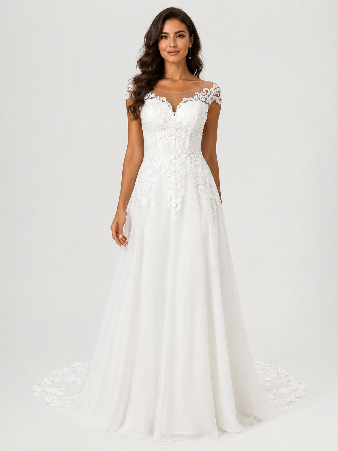 Elegant Illusion Scoop Neck Lace Applique Tulle A-Line Wedding Dress with Chapel Train