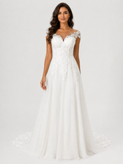 Elegant Illusion Scoop Neck Lace Applique Tulle A-Line Wedding Dress with Chapel Train