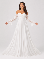 Elegant Off-the-Shoulder Long Sleeve Ruched Chiffon A-Line Wedding Dress with Sweep Train