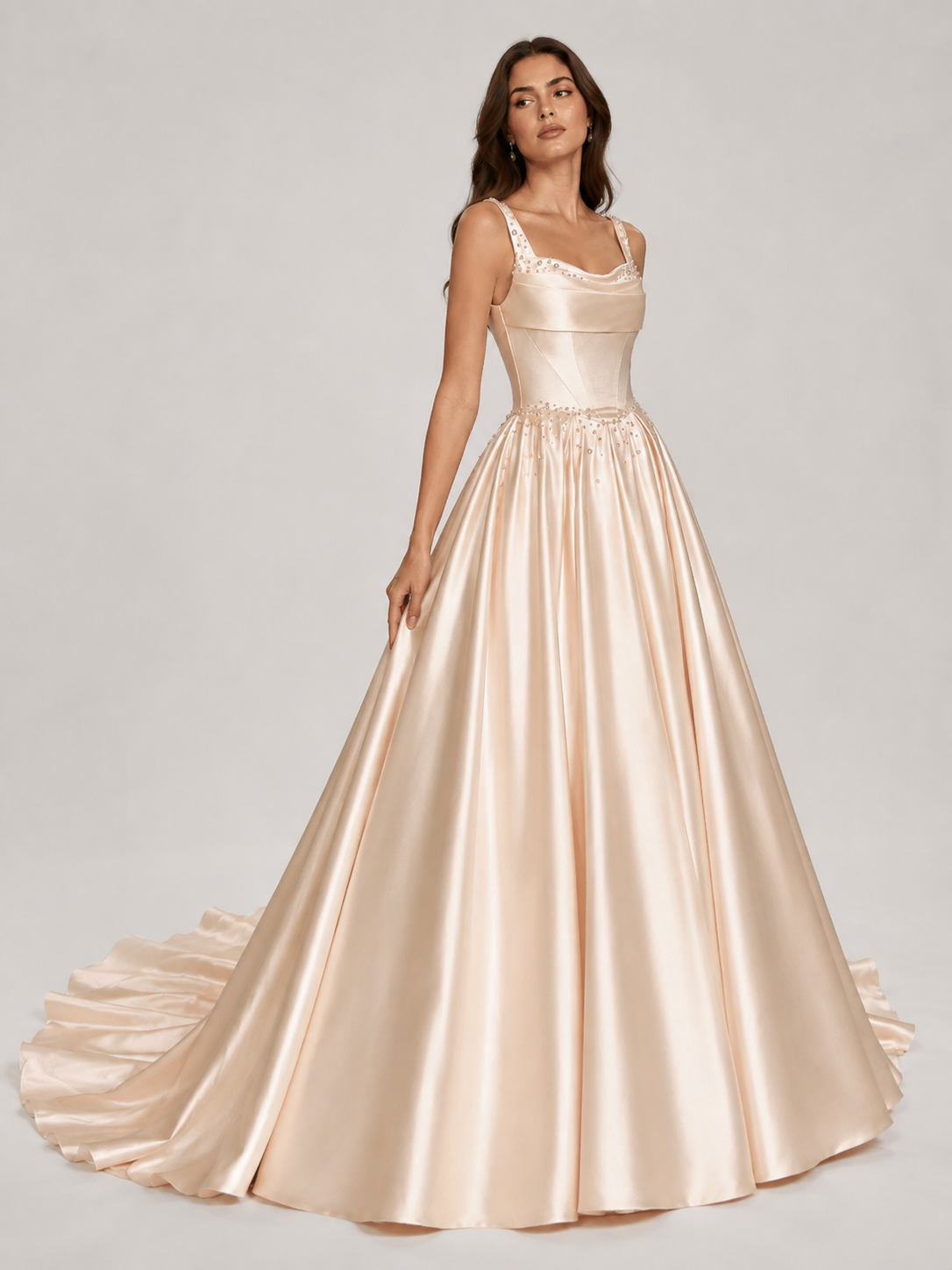 Elegant Beaded Cowl Neck Satin A-Line Wedding Dress with Chapel Train