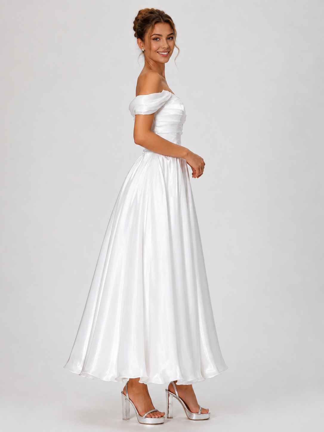 Elegant Off-the-Shoulder Ruched Satin A-Line Midi Wedding Dress with Lace-Up Back