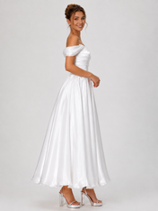 Elegant Off-the-Shoulder Ruched Satin A-Line Midi Wedding Dress with Lace-Up Back